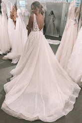 Foral Romantic Deep V-neck Appliqued Backless Bridal Gown Wedding Dress